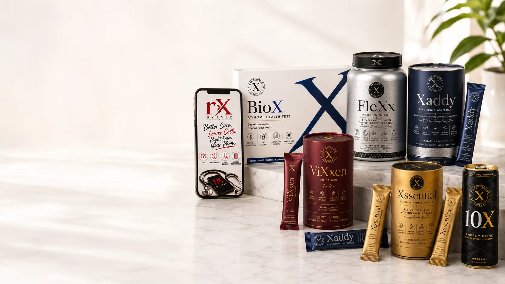 LVLX product lineup including rX by LVLX, BioX at-home health test, ViXxen juice mix, and Xaddy weight loss formula